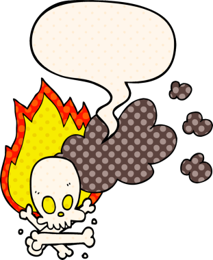 Bir insan tarafından çizilmiş çizgi roman tarzında konuşma baloncuğu ile yanan kemikler.