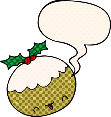 Bir insan tarafından çizilmiş çizgi roman tarzında konuşma baloncuklu tatlı çizgi film pudingi.