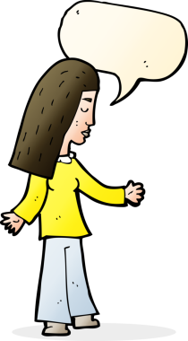 Bir insan tarafından çizilmiş konuşma balonlu açık kollu çizgi film kadını.