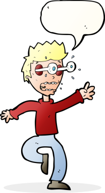 Bir insan tarafından çizilen konuşma baloncuğuyla gözleri fırlayan korkmuş bir adam.