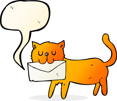 Bir insan tarafından çizilmiş konuşma balonlu bir mektup taşıyan çizgi film kedisi.