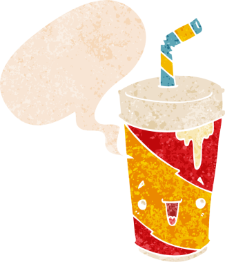 Bir insan tarafından çizilmiş, grunge 'de konuşma baloncuğu olan karikatür soda bardağı.