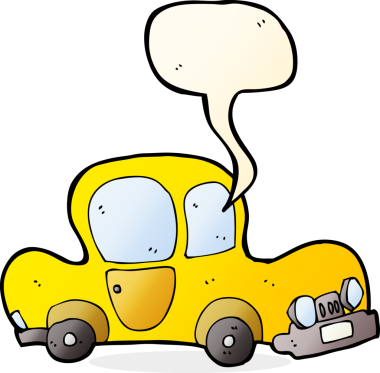 Bir insan tarafından çizilmiş, konuşma balonu olan bir çizgi film arabası.