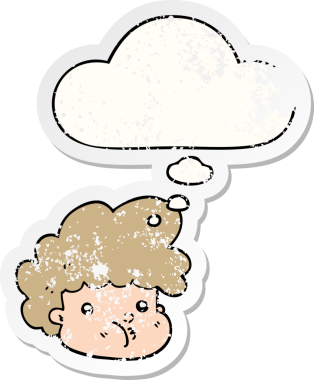 Düşünce baloncuğu olan çizgi filmci çocuk bir insan tarafından çizilmiş yıpranmış bir çıkartma gibi.