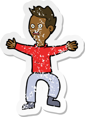 Bir insan tarafından çizilen paniğe kapılan karikatürlü bir adamın gerilimli çıkartması.