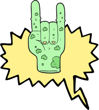 Bir insan tarafından çizilmiş serbest konuşma balonu çizilmiş zombi eli boynuz işareti.