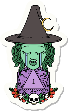 Hüzünlü bir yarı ork cadı karakterinin çıkartması. Bir insan tarafından çizilmiş doğal bir D20 rulosu.