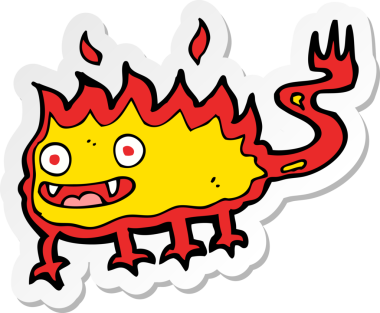 Çizgi film çıkartması. Bir insan tarafından çizilmiş küçük ateş şeytanı.