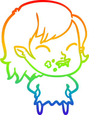 Gökkuşağı gradyan çizgisi. Bir insan tarafından çizilmiş yanağında kan olan vampir bir kız çizgi filmi.