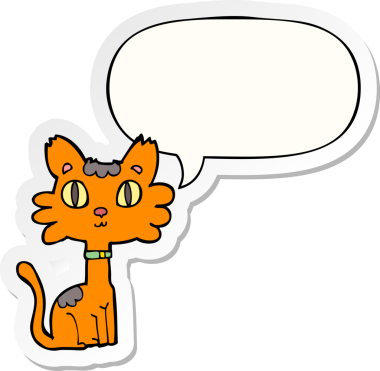 Bir insan tarafından çizilmiş baloncuk çıkartmalı çizgi film kedisi.