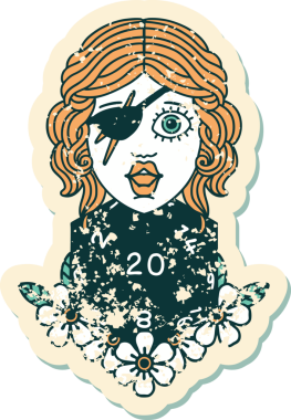 Bir insan tarafından çizilmiş doğal yirmi zarlı bir dolandırıcının grunge etiketi.