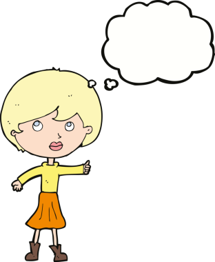 Çizgi filmdeki kadın bir insan tarafından çizilmiş düşünce balonuyla soru soruyor.