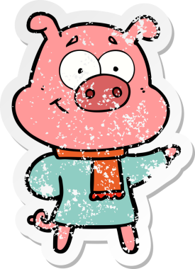 Bir insan tarafından çizilmiş kalın kıyafetler giyen mutlu bir domuzun sıkıntılı çıkartması.