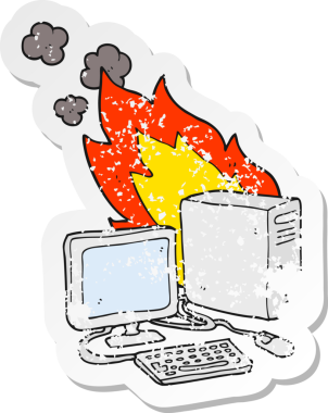 Bir insan tarafından çizilmiş karikatür bilgisayarının gerilimli etiketi.