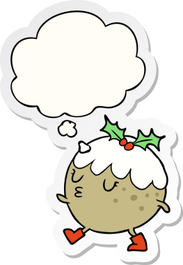 Düşünce baloncuğuyla yürüyen noel pudingi insan tarafından çizilmiş bir çıkartma.