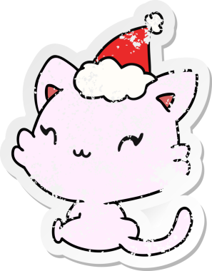 Bir insan tarafından çizilmiş kawaii kedisinin sıkıntılı yılbaşı çıkartması.