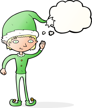 Bir insan tarafından çizilmiş düşünce baloncuğuyla Noel elfini sallayan çizgi film.