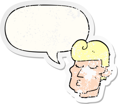 Konuşma baloncuğu olan yakışıklı bir çizgi film karakteri, bir insan tarafından çizilmiş sıkıntılı eski bir çıkartma.