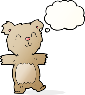 Bir insan tarafından çizilmiş düşünce baloncuklu şirin oyuncak ayı.