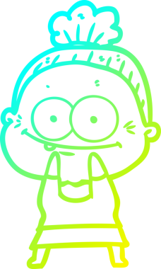 Bir insan tarafından çizilmiş, mutlu, yaşlı bir kadının çizimi.