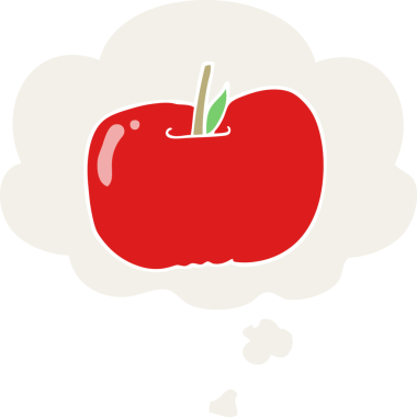 insan tarafından çizilmiş, düşünce baloncuklu çizgi film elması.