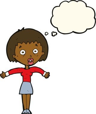 Bir insan tarafından çizilmiş düşünce baloncuğuyla omuz silken çizgi film kadını.