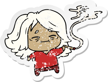 Bir insan tarafından çizilmiş sevimli kawaii yaşlı bir kadının serbest çizilmiş çıkartması.