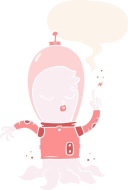 Retro tarzı konuşma balonu olan sevimli bir uzaylı çizgi film karakteri insan tarafından çizilmiş.