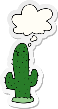 Düşünce baloncuğu insan tarafından çizilmiş bir çıkartma olan çizgi film kaktüsü.