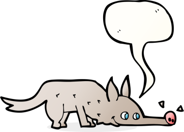 Bir insan tarafından çizilmiş konuşma baloncuğuyla yerleri koklayan çizgi film köpeği.