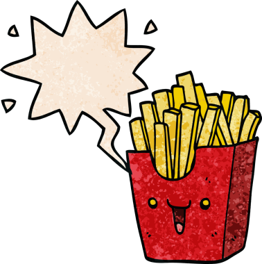 Bir insan tarafından çizilmiş eski moda konuşma baloncuklu patates kızartması kutusu.