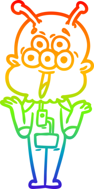 Gökkuşağı gradyan çizgisi mutlu bir çizgi film uzaylısının omuzlarını silkeleyen bir insan tarafından çizilmiş.