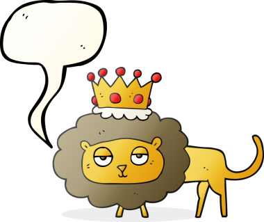 Bir insan tarafından çizilmiş taçlı serbest konuşma balonu karikatür aslanı.