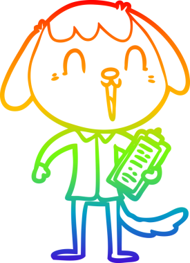 Gökkuşağı gradyan çizgisi. Bir insan tarafından çizilmiş ofis tişörtü giyen sevimli bir köpeğin çizimi.