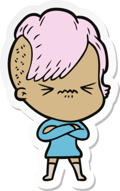 Çizgi film çıkartması. Bir insan tarafından çizilmiş sinirli hippi kız.