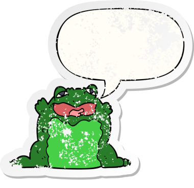 Konuşma baloncuklu çizgi film karakurbağası bir insan tarafından çizilmiş sıkıntılı eski bir çıkartma