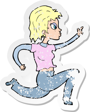 Bir insan tarafından çizilmiş, koşan ve işaret edilen bir karikatür kadın etiketi.