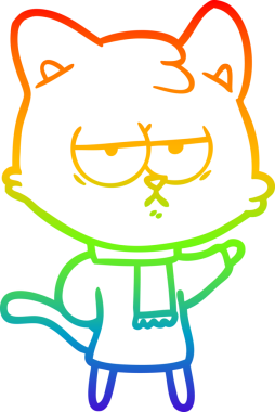 Bir insan tarafından çizilmiş kışlık kıyafetlerle sıkılmış çizgi film kedisinin çizimi.