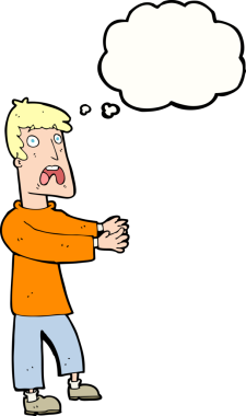 Bir insan tarafından çizilmiş düşünce baloncuğuyla dehşete düşmüş bir adam.