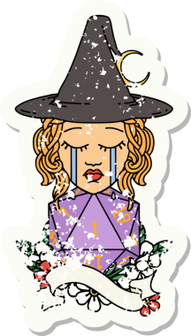 Bir insan cadının grunge etiketi ve bir insan tarafından çizilmiş doğal bir D20 rulo.