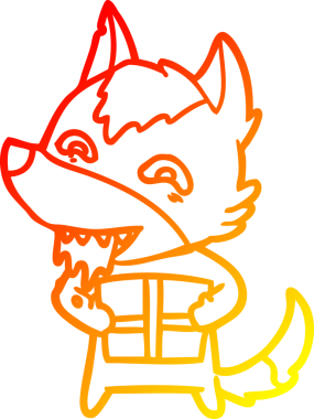 Bir insan tarafından çizilmiş Noel hediyesini tutan aç bir kurdun sıcak çizgi çizimi.