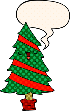 Bir insan tarafından çizilmiş çizgi roman tarzında konuşma baloncuğu olan bir noel ağacı.