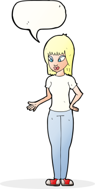 Bir insan tarafından çizilen konuşma baloncuğuyla açıklayan çizgi film kadını.