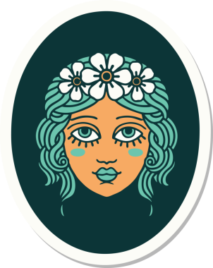 Bir insan tarafından çizilmiş saçlarında çiçekler olan geleneksel bir bakire dövmesi.