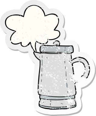 Eski bir metal çaydanlık, konuşma baloncuğu, bir insan tarafından çizilmiş sıkıntılı eski bir çıkartma.