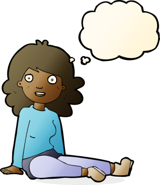 Bir insan tarafından çizilmiş düşünce balonlu mutlu kadın çizgi filmi.