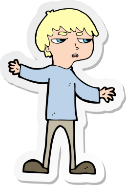 Çizgi film çıkartması. Bir insan tarafından çizilmiş rahatsız çocuk.