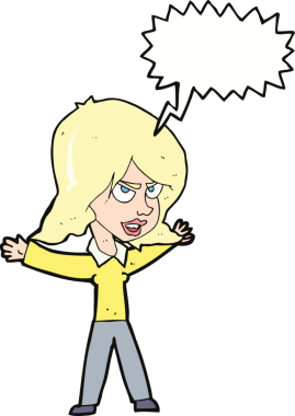 Bir insan tarafından çizilmiş konuşma balonuyla hareket eden karikatür kadın.