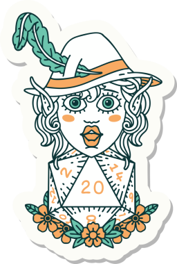 Bir insan tarafından çizilmiş 20 zarlı elf şair karakterinin çıkartması.