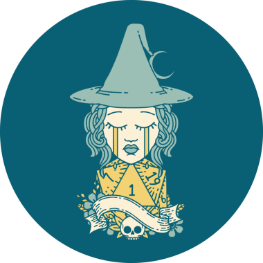 Retro Dövme Tarzı Ağlayan İnsan Cadı Doğal D20 yuvarlamalı Bir insan tarafından çizilmiş